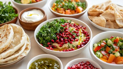 Vibrant Middle Eastern Mezze Feast with Hummus Pomegranate Salad and Flatbreads on Tablecloth Still Life
