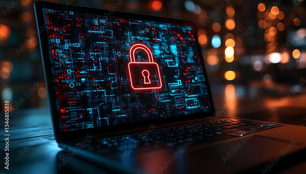 Poster laptop screen showing digital padlock icons with a hacker silhouette in the background, cybersecurit