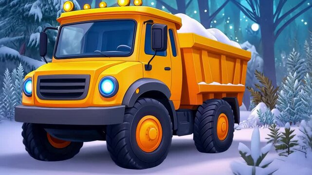 Yellow dump truck carrying snow in a winter forest wonderland