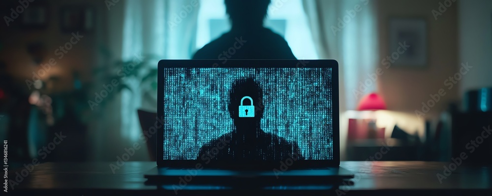 Poster laptop with digital padlock icons on the screen, hacker silhouette in the background, representing c