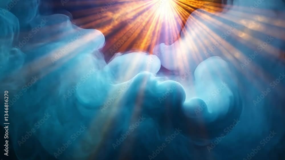 Poster ethereal clouds and light beams create mystical atmosphere of colors and textures, evoking wonder an