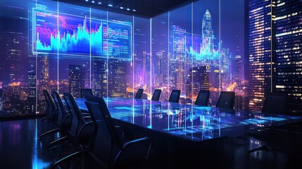 Futuristic conference room with city view and holographic data