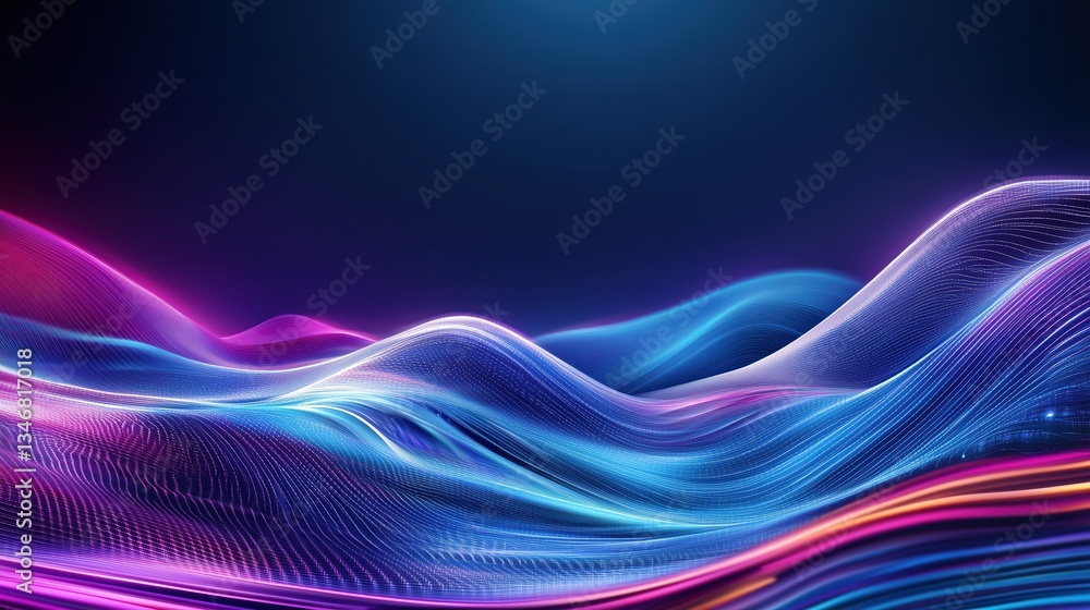 Aufkleber abstract blue and purple wave background with glowing neon lines, dynamic gradients, and copy space 