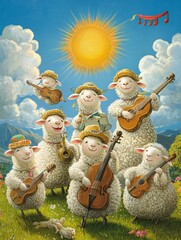 Sheep orchestra plays sunny meadow melodies.