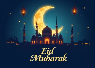 Festive Eid Mubarak Night Scene Illuminated Mosque under Crescent Moon