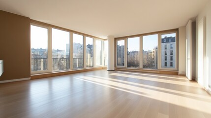 Obraz premium Bright contemporary apartment bathed in sunlight showcasing modern design and architectural harmony elegant empty room