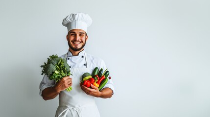 Joyful Chef Posing with Colorful Vegetables Against White Background