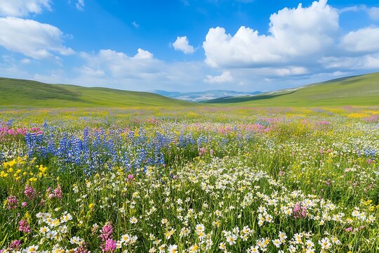 Lively spring meadow thrives with fresh foliage colorful flowers and an exuberant renewal of life  
