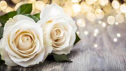 Elegant White Roses on Wooden Table with Blurred Bokeh Background and Soft Ambient Light