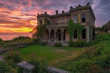 Obraz premium A majestic abandoned mansion, overtaken by nature, glows at sunset, overlooking a tranquil sea.