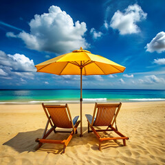 Fototapeta premium a beach with a beach chair and a parasol on it