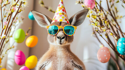 Happy easter! Colorful photo of funny, happy kangaroo   on colorful background. Eggs, catkins,, confetti, happy mood. Easter holidays celebration banner