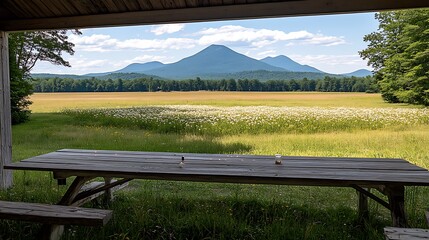 Obraz premium A picnic table overlooking a field with distant mountain peaks