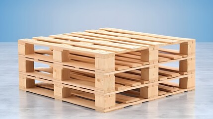 Stacked Wooden Pallet on a Concrete Surface in a Warehouse Setting with Light Blue Background