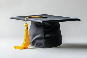A black graduation mortarboard with a yellow tassel displayed prominently