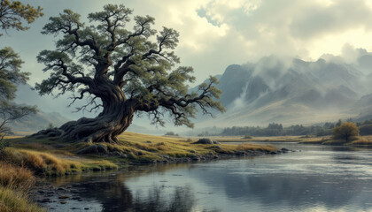 Majestic Ancient Tree by Serene River and Misty Mountains