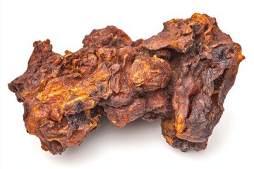 Close up of a Vibrant Natural Piece of Amber with Earthy Tones and Striking Textures on Bright White