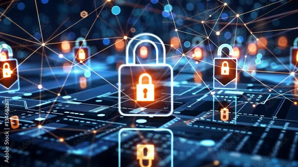 Poster digital cybersecurity padlocks and encryption for data protection in secure networked environment em