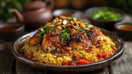 Delicious oriental chicken with rice topped with almonds on a wooden table inviting gourmet dining experience