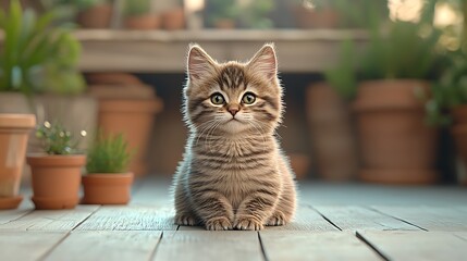 Adorable kitten, sitting on a wooden deck, surrounded by plants