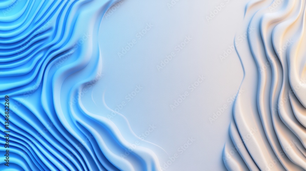 Poster abstract light-grey area framed by textured waves in shades of blue and off-white creating a flowing