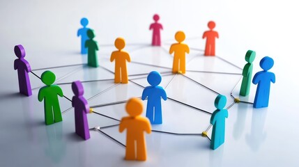 Colorful human figures connected by lines symbolize networking and collaboration in a modern digital environment
