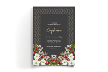 WEDDING INVITATION FRAME WITH FLOWER DECORATIONS AND FRESH LEAVES