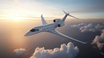 Fototapeta premium White Private Jet Soaring Above Ocean Clouds at Sunset