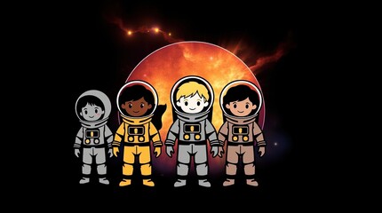 Diverse children in space suits on dark background, ideal for educational materials about space exploration, STEM diversity initiatives, and International Day of Human Space Flight