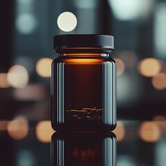 A sleek amber glass supplement jar with a black lid sits on a reflective surface against a blurred modern background showcasing its minimalist design and premium quality perfect