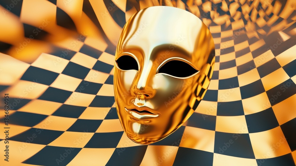 Poster a golden mask emerges from a swirling pattern of black and yellow checkered squares, creating a surr