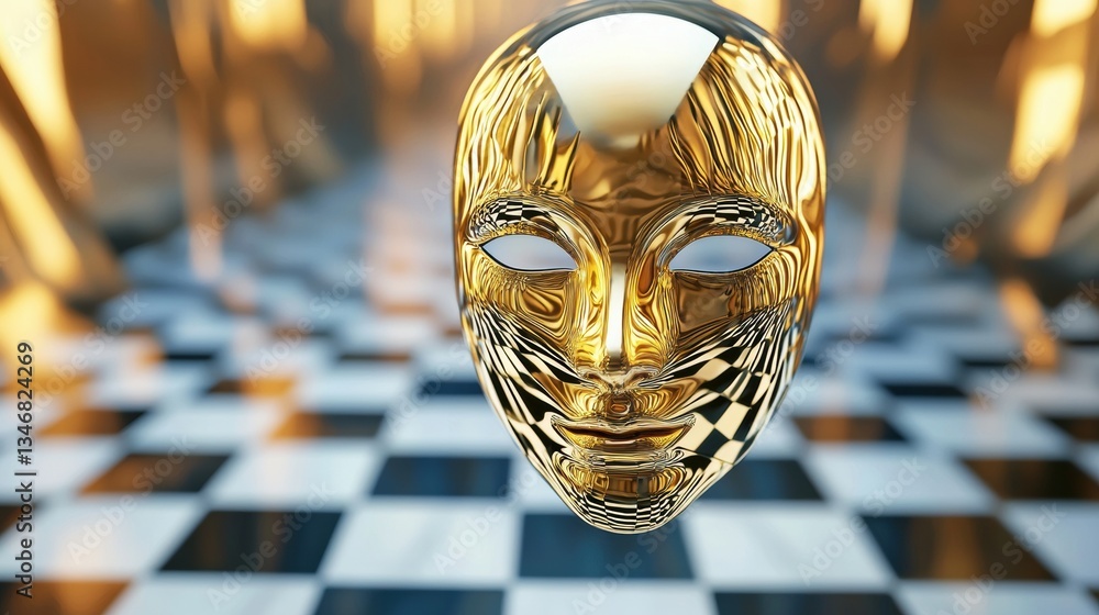 Poster a reflective golden mask hovers above a checkered floor, creating a surreal and captivating visual e