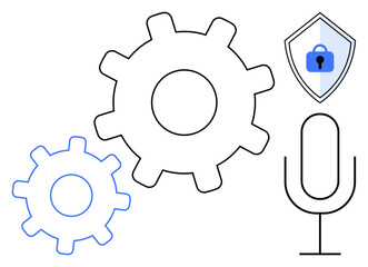 Gears represent functional systems, a microphone signifies communication, and a shield with a lock suggests data security. Ideal for technology, cybersecurity, automation, privacy, AI, communication