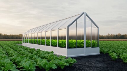 Obraz premium A modern greenhouse surrounded by lush green crops, showcasing sustainable agriculture and technology in farming.