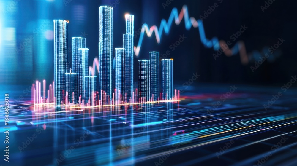 Poster a digital representation of financial data featuring glowing bar graphs and lines, symbolizing marke