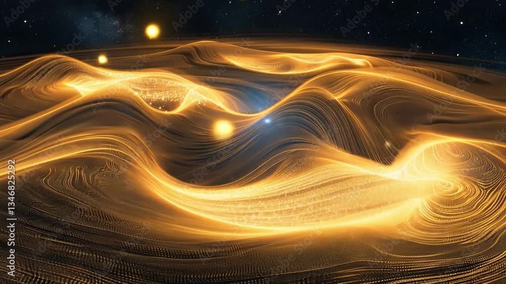 Poster mesmerizing digital landscape of golden waves illuminated by stars, creating cosmic depth and moveme