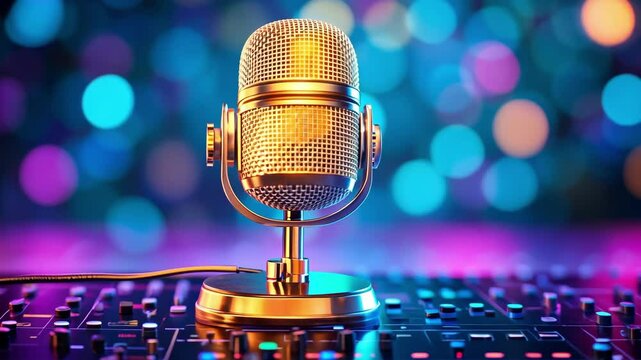 Golden microphone on colorful bokeh background in recording studio