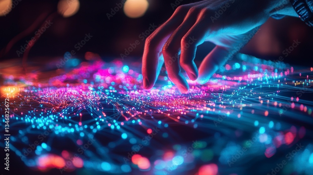 Poster Hand interacting with glowing data visualization