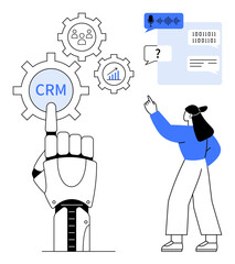 Robot hand engages CRM gears with icons for data, team, and growth. Woman interacts with speech bubbles, voice recognition, and binary. Ideal for technology, AI, automation teamwork data analytics