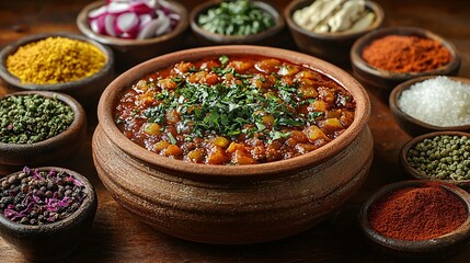 Delicious Traditional Indian Curry in a Rustic Clay Bowl Surrounded by Fresh Ingredients and Spices