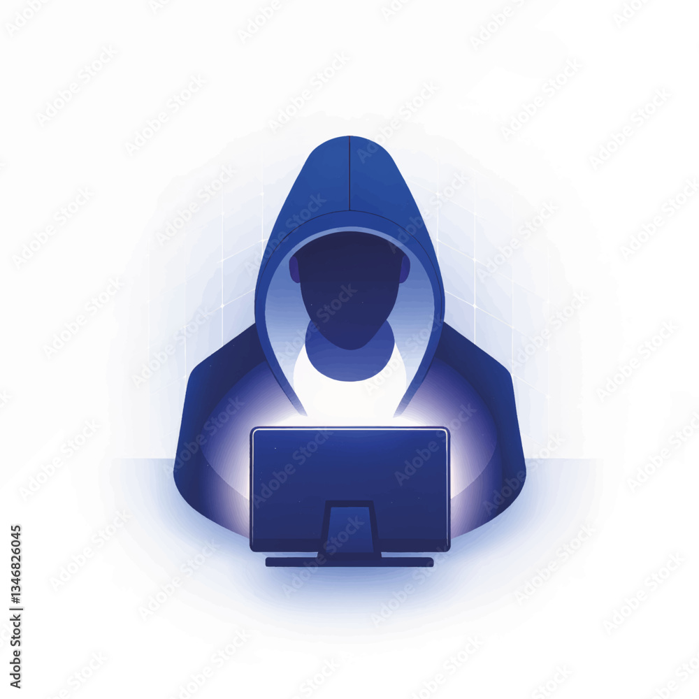 Poster hacker in hoodie using laptop in a digital environment
