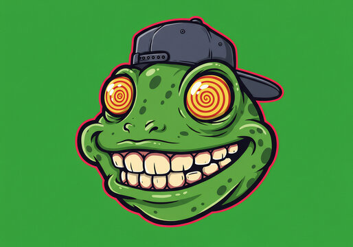 Smiling Green Cartoon Frog Wearing a Cap with Swirling Eyes