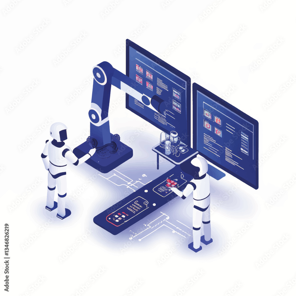 Aufkleber robotic arm operates with workers at tech workstation background