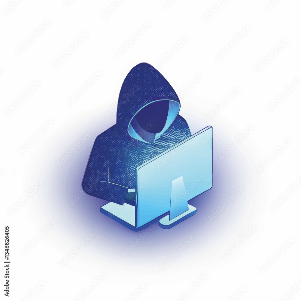 Poster hacker in a hoodie working on a computer against a white background