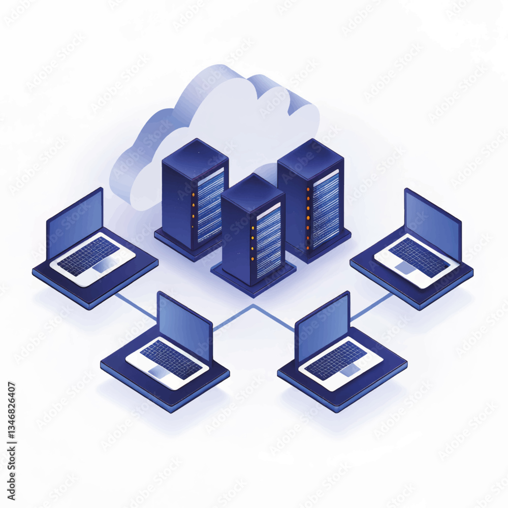 Poster cloud computing network with laptops and servers in blue tones