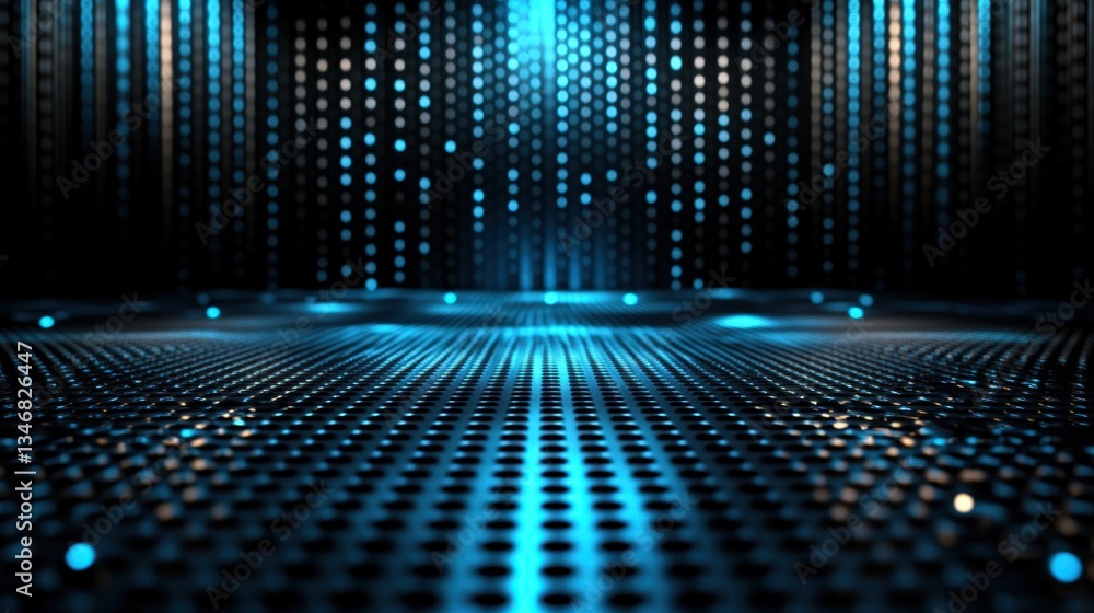 Poster abstract digital background with metallic grid floor reflecting blue lights and illuminated vertical