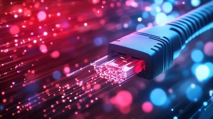Close-up of fiber optic cable with data streams.