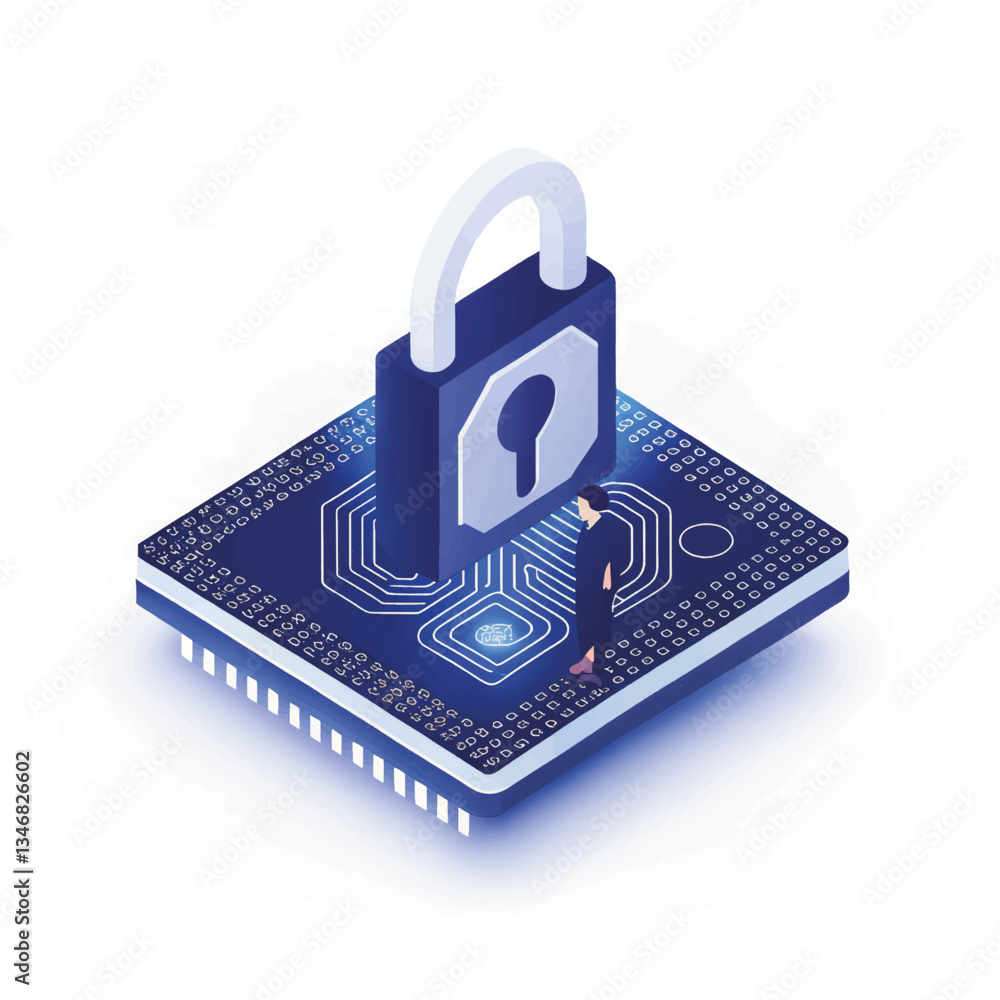 Poster digital lock symbolizing cybersecurity on a microchip background