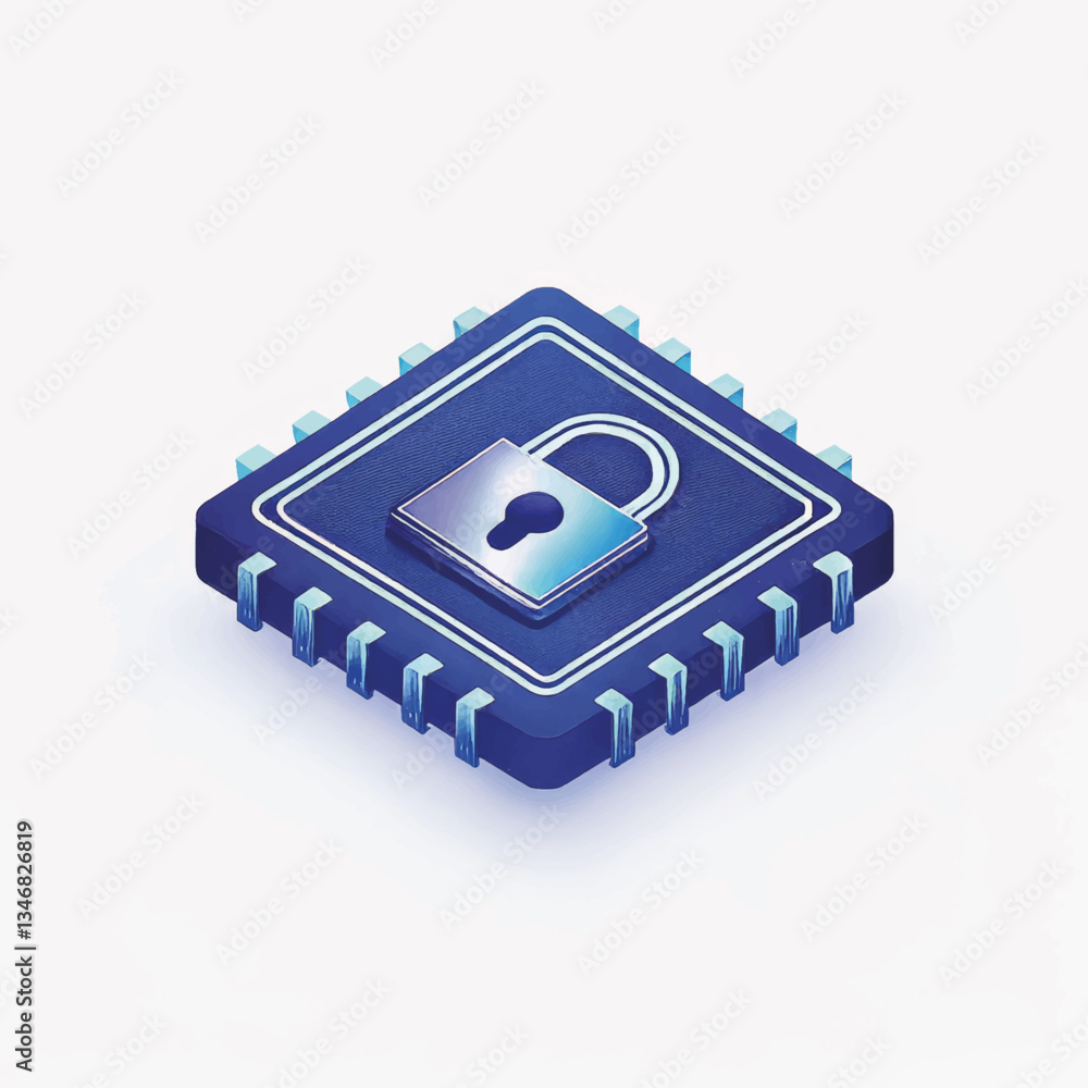 Poster digital security chip with lock icon in blue gradient style
