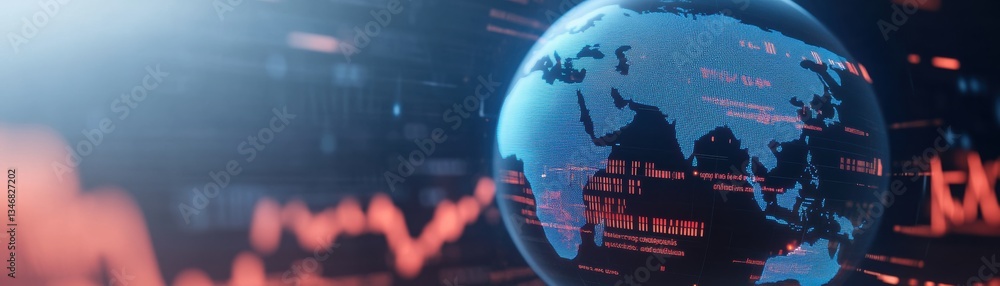 Poster a digital representation of earth overlaid with data visualizations, showcasing global information t